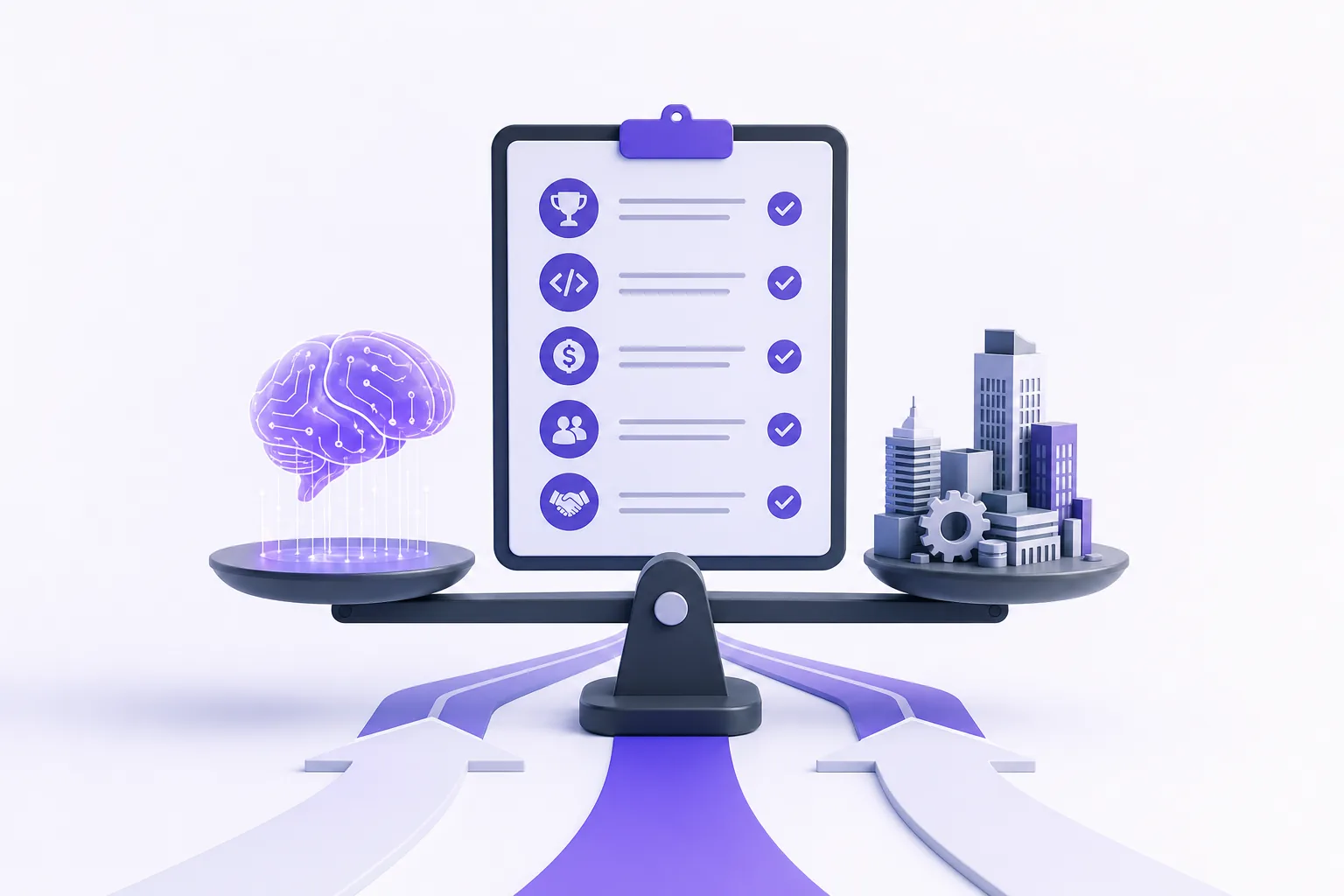 A balance scale weighing an evaluation checklist against an enterprise skyline